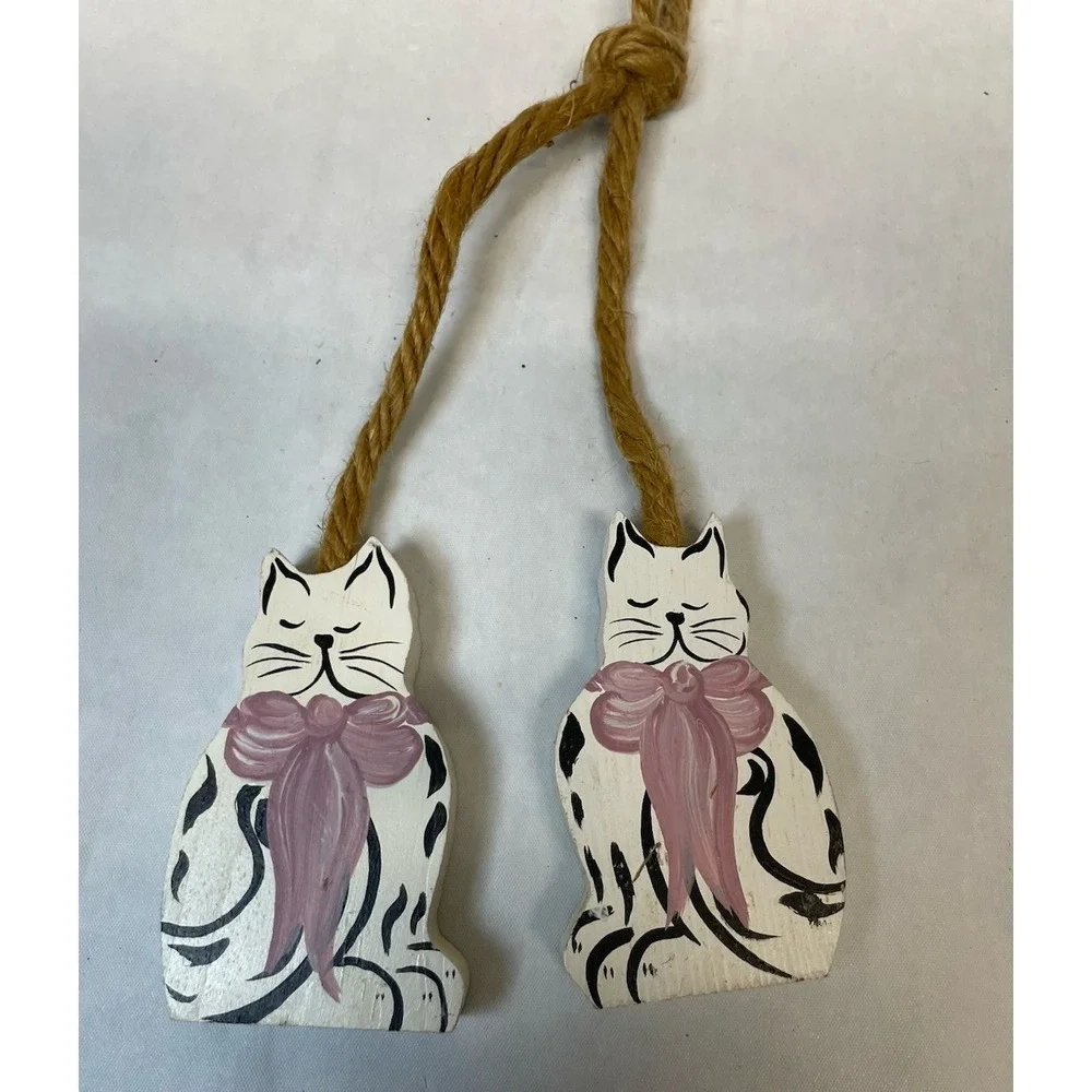 Lot of Handmade Painted Wooden Folk Art Cat Decor